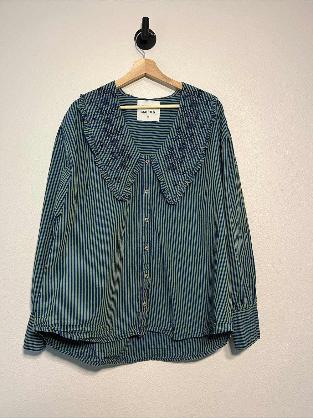 Damson Madder Cotton Fontaine Blouse Blue/Green Stripes Cottagecore - Picture 3 of 9